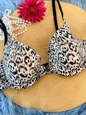 Victoria's Secret Black and White Leopard Print Demi T-Shirt Bra Embellished 36B